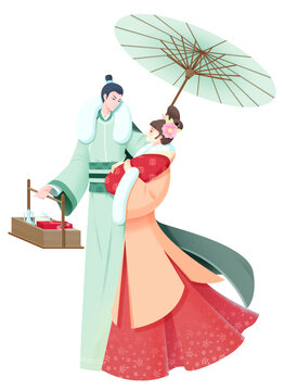 卡通古風打傘夫妻免摳元素