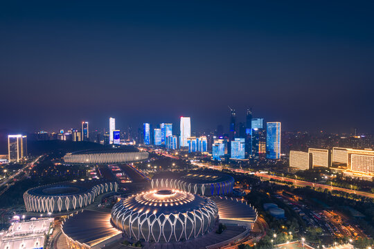 山东济南奥体中心夜景航拍