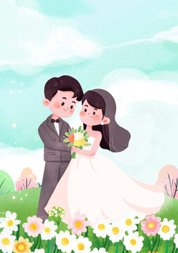 小清新可愛婚禮情侶卡通插畫