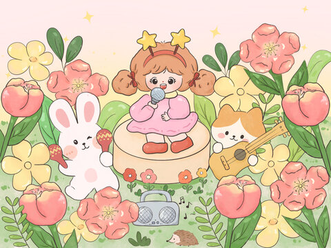 春日卡通女孩花園動物插畫圖案