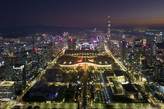 深圳福田中心区航拍城市风光夜景