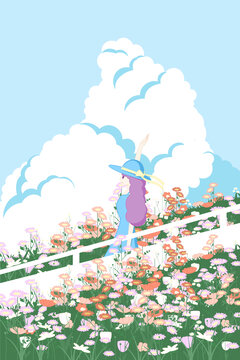 春季童話花海與女孩插畫