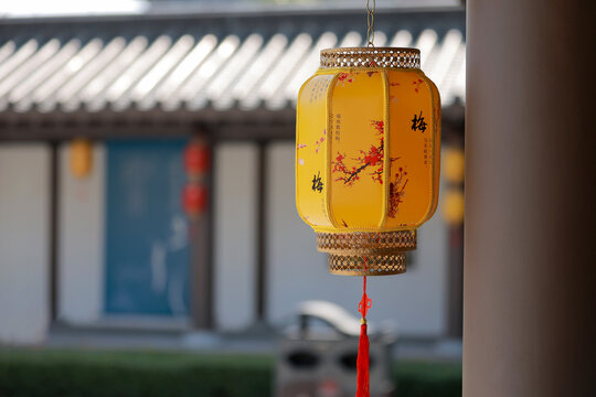 春节广州文化馆悬挂的黄色灯笼