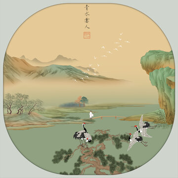 青綠山水人物仙鶴