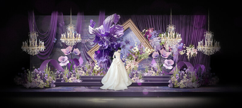 紫色莫奈花园油画婚礼效果图
