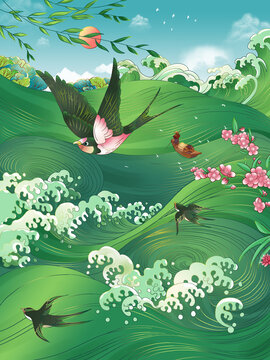 绿水燕子唯美国潮古风春季插画