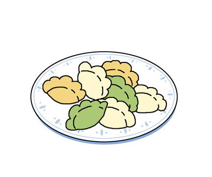 一盘彩色的饺子手绘插画