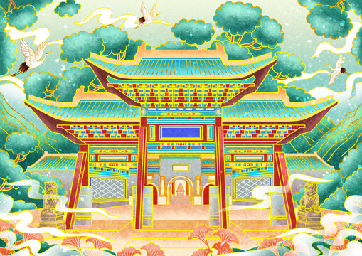 樓木牌坊古風(fēng)建筑插畫