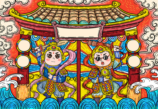 國潮門神插畫