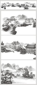 中式園林水墨畫橋亭榭