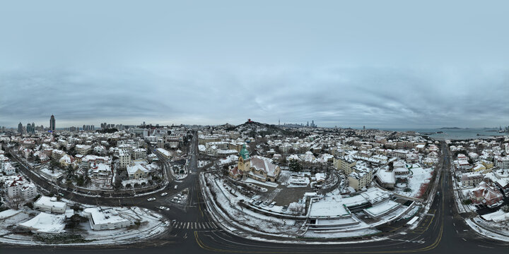 青岛基督教堂冬季雪景全景VR