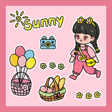 小女孩出游插畫元素