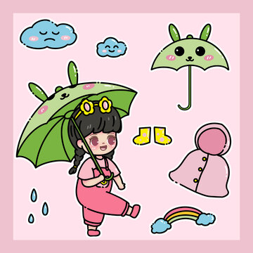 小女孩下雨天插画元素