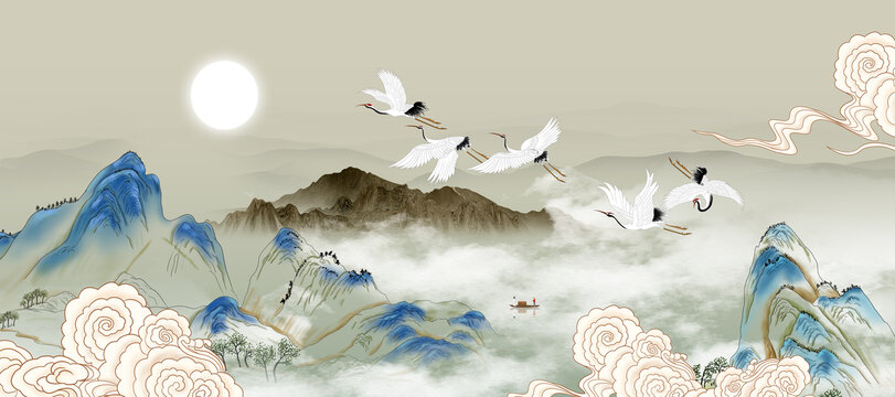 国潮中式山水壁画