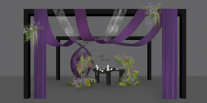 黑紫色婚礼效果图甜品台