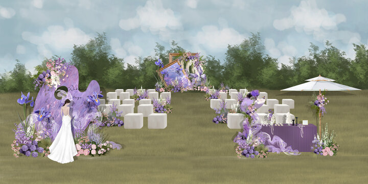 油画莫奈花园紫色婚礼户外效果图