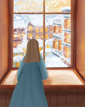 一个女孩站在窗内看着窗外的雪景