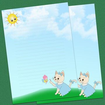 春天信纸卡通猫戏蝶信纸设计