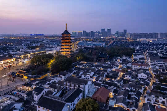 航拍苏州北寺塔城市夜景