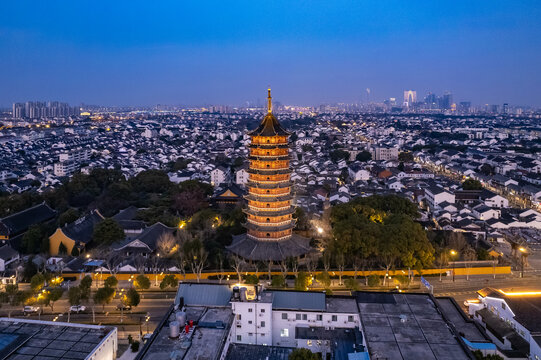 航拍苏州北寺塔城市夜景