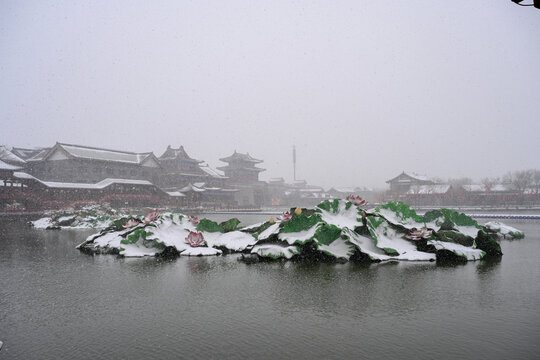 开封清明上河园大雪建筑灯笼雪景