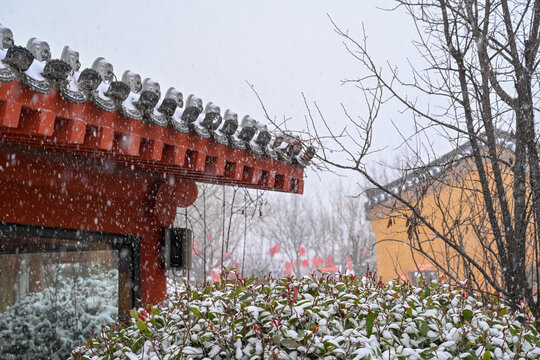 开封清明上河园大雪建筑灯笼雪景