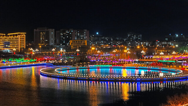 航拍无棣县城镜湖夜景