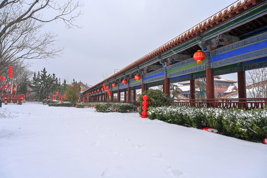 开封清明上河园大雪建筑灯笼雪景