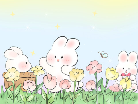 卡通兔子圖案花園場(chǎng)景插畫
