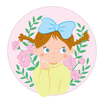 可愛的小女孩花朵圓形插畫