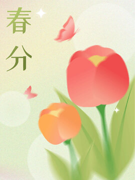 春分节气海报春天郁金香和蝴蝶