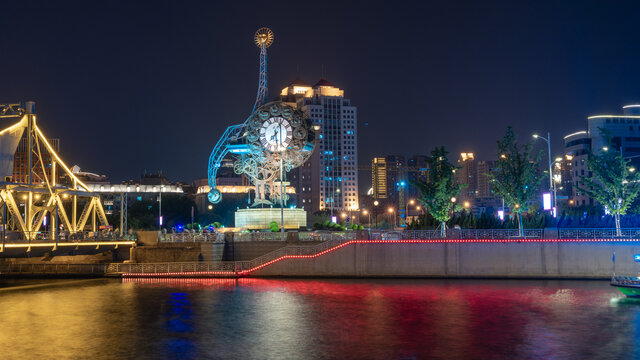 天津解放桥世纪钟夜景