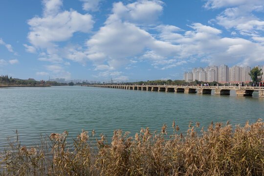 蓝天白云古建筑安平桥都市风景