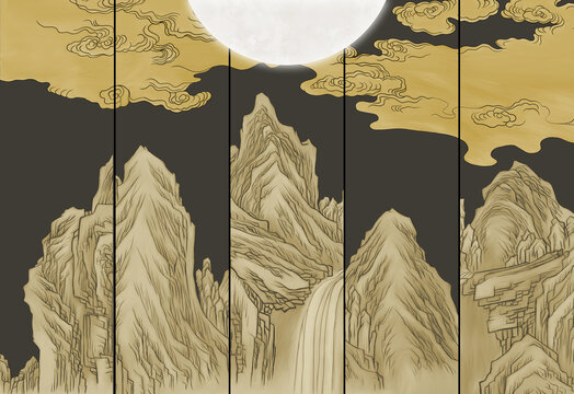 新中式山水硬包背景墻