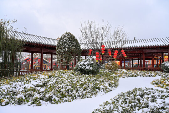 开封清明上河园大雪建筑灯笼雪景