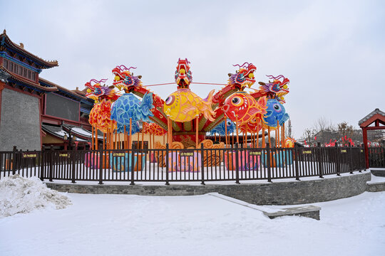 开封清明上河园大雪建筑灯笼雪景