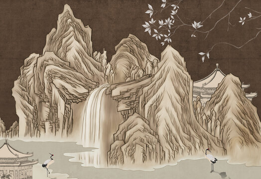 山水花鳥瀑布背景墻