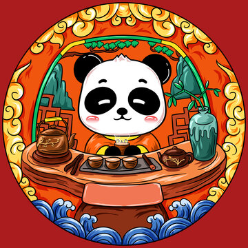 国潮熊猫喝茶