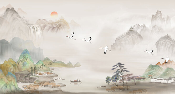 高端新中式国画山水背景墙