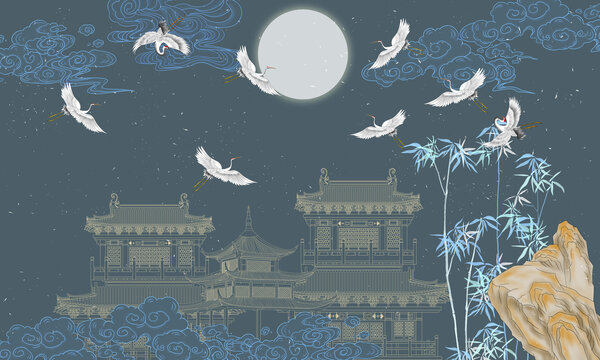 樓閣背景墻皇宮線描高端