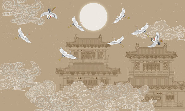 樓閣背景墻皇宮線描高端