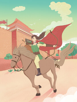 古代女將軍騎馬射箭手繪插畫