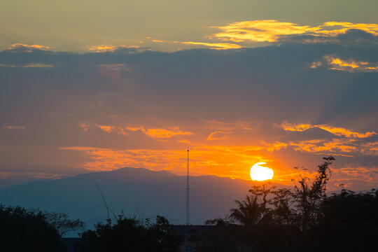 夕阳西下的天空衬托下树木的轮廓