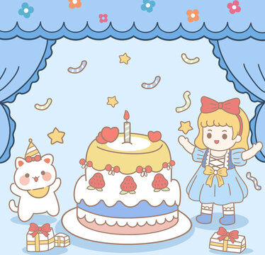 卡通小女孩猫咪生日插画