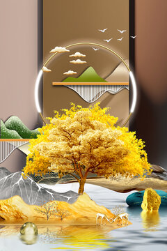 金色發(fā)財(cái)樹山水石來運(yùn)轉(zhuǎn)玄關(guān)