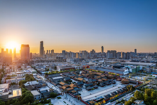 航拍夕阳下中国辽宁沈阳故宫