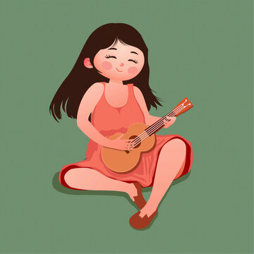 弹吉他的穿红裙女孩童话插画