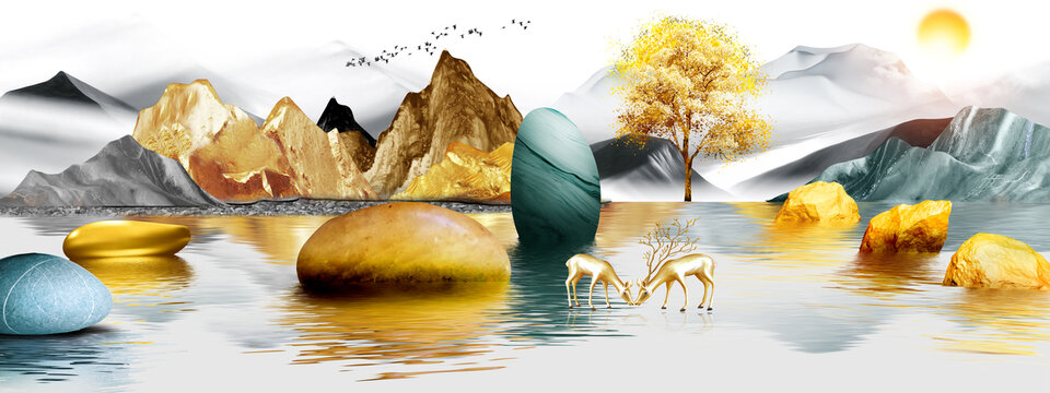金色山水石來運(yùn)轉(zhuǎn)晶瓷橫幅掛畫