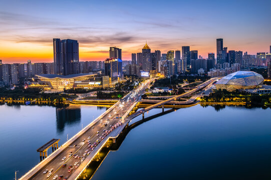 航拍中国辽宁沈阳浑河两岸夜景