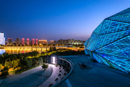 航拍中国辽宁沈阳歌剧院夜景